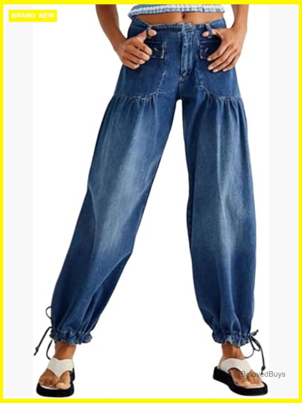 Womens Mid Rise Cargo Jeans Stretch Parachute Denim Pockets Wide Leg